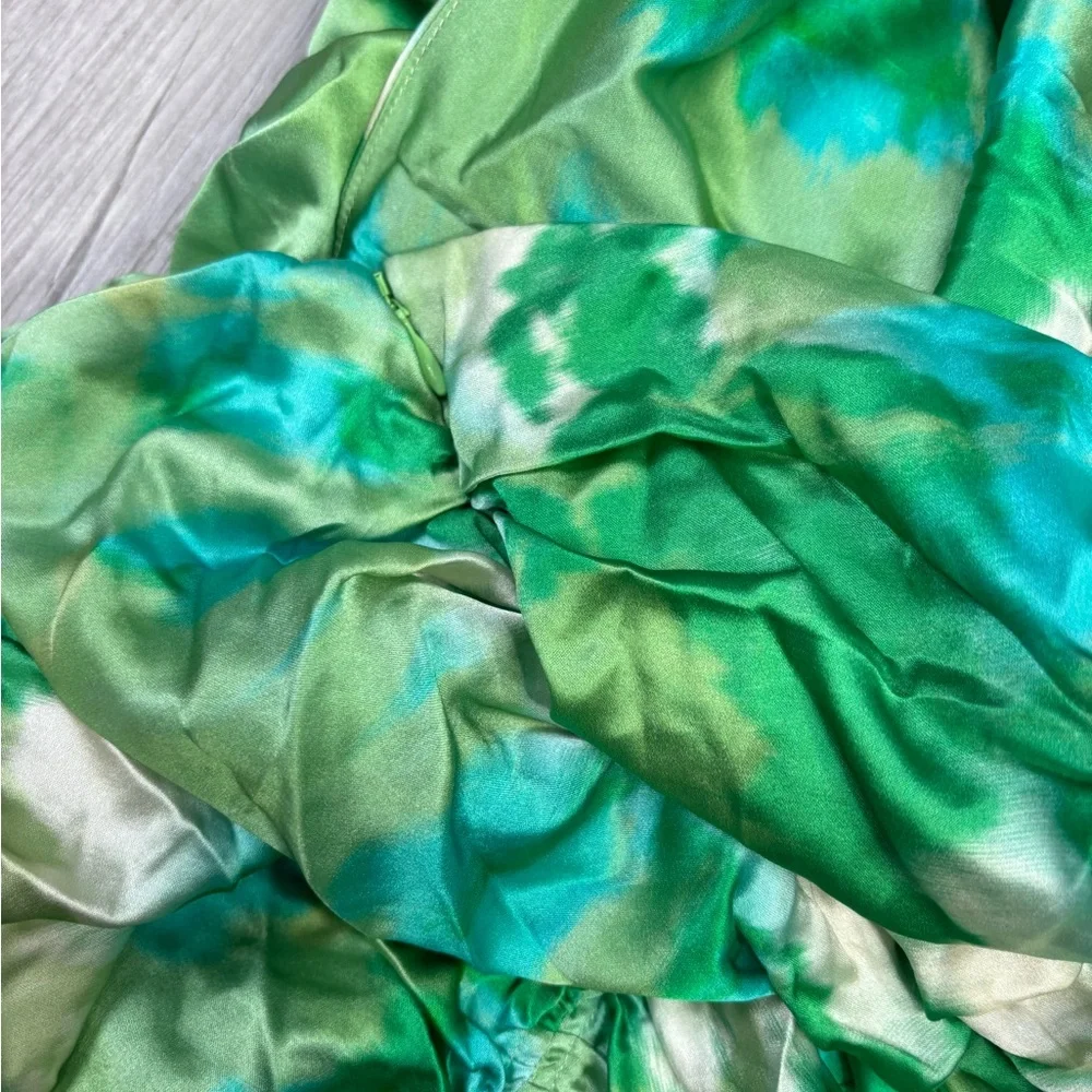 GANNI Silk Stretch Satin Ruched Mini Dress Lily Green Size 44 or US Large - Picture 14 of 16